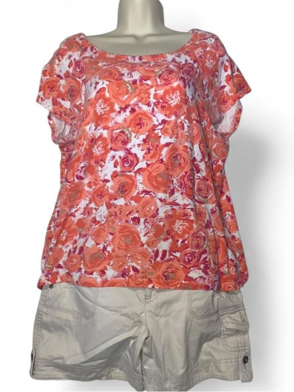 Laura Ashley Coral and White Floral Scoop Neck Blouse